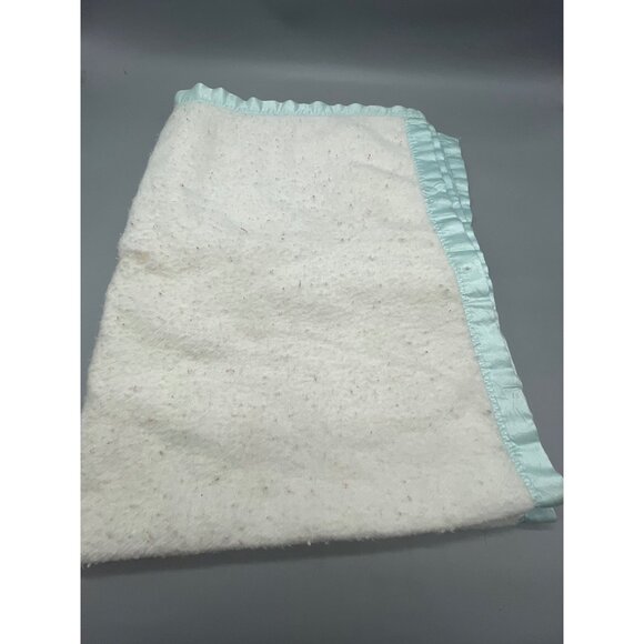 Vintage baby blanket elephant blue border white fuzzy 44x32" READ - Picture 4 of 5